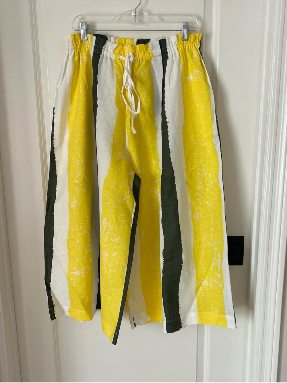 BUYKUD Colorful Striped 100% Linen Wide Leg Pull On Pants Yellow Black White XL